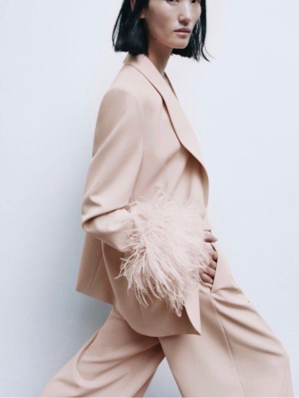 Zara Pale Pink Blazer with Feather Cuffs